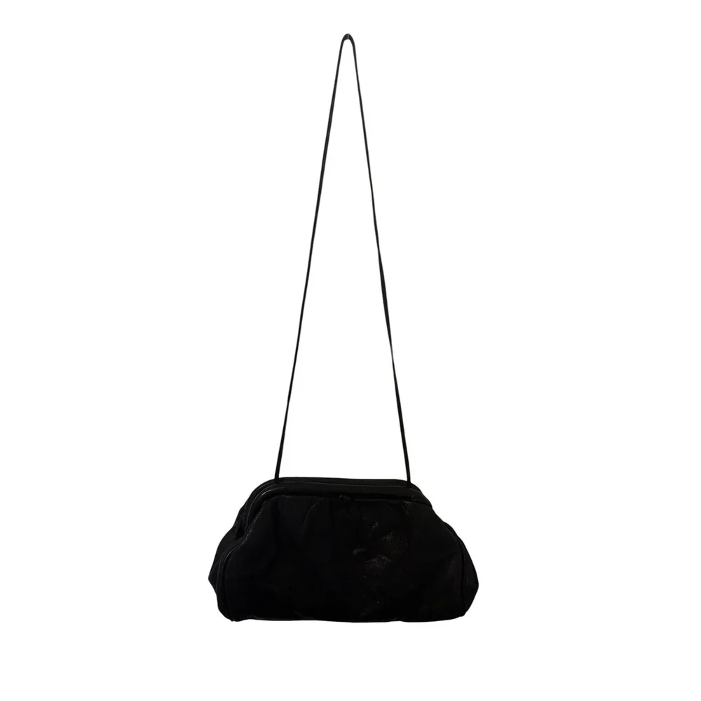 Vintage 80's Purse Black Genuine Leather Clutch Party Bag